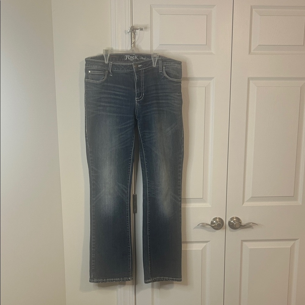 Rock 47 by Wrangler Dark Blue Low Rise Boot Cut Jeans - Size 11/12x32